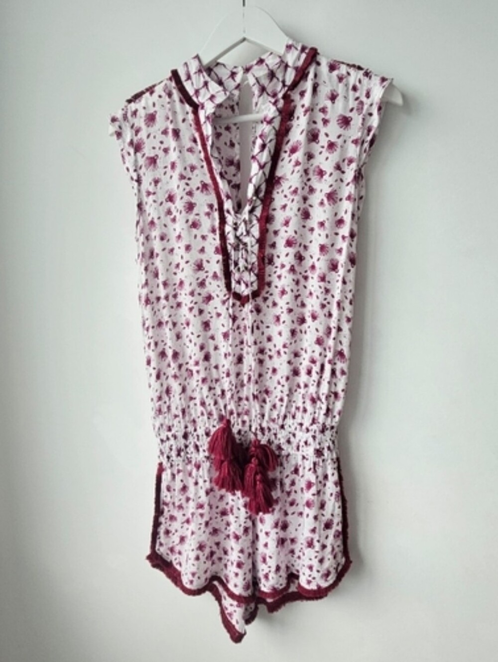 Poupette St Barth Lucy Romper Purple Print Tassel Embroidered Trim One Piece
